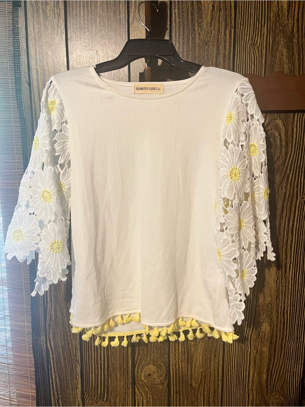 White Floral Lace-Sleeve Top with Yellow Pom Trim